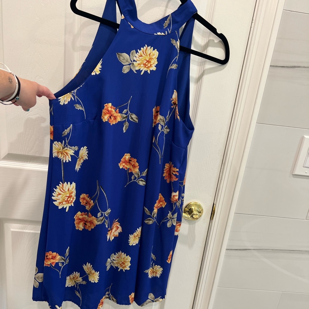 Bright blue mini dress with colorful flowers